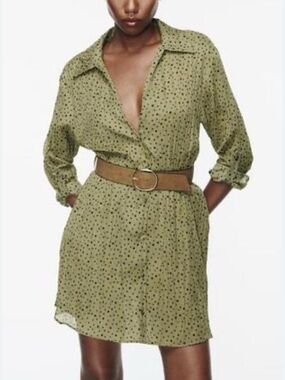 Zara Olive Green Polka Dot Mini Shirt Dress